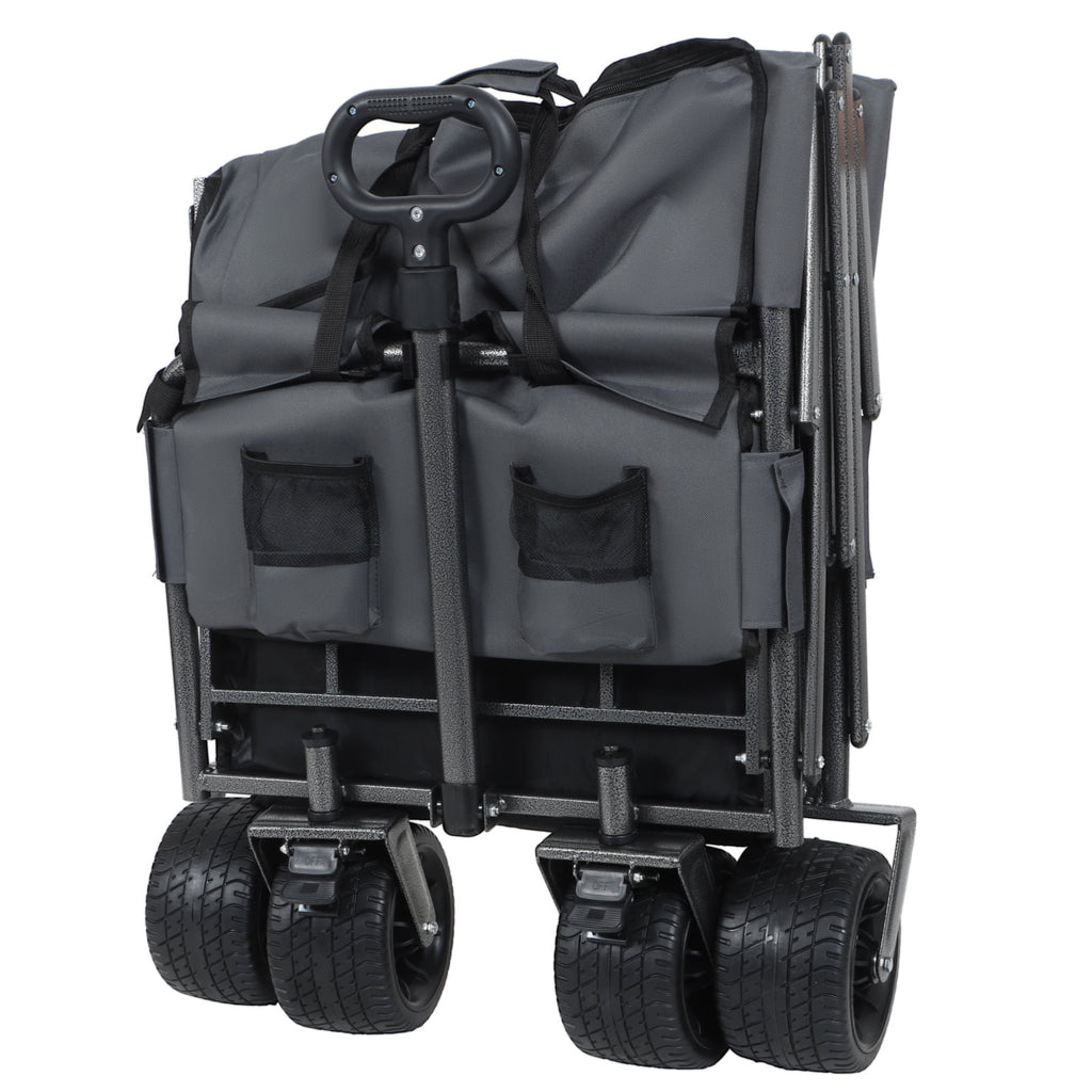 3-in-1 Collapsible Wagon Cart with Bench Seat, 500lbs Convertible Heavy Duty Utility Wagon with Flexible Handle, All-Terrain Folding Grocery Cart with Wheels for Shopping, Camping, Orange