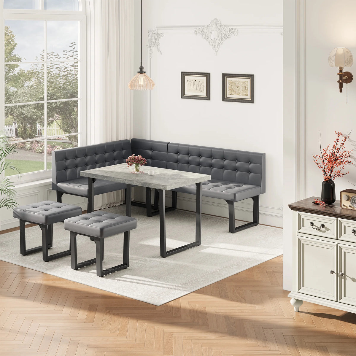Brafab 5 Piece Corner Dining Breakfast Nook with Table and Bench Modern Kitchen Table Set with Gray Upholstered Banquette Seating