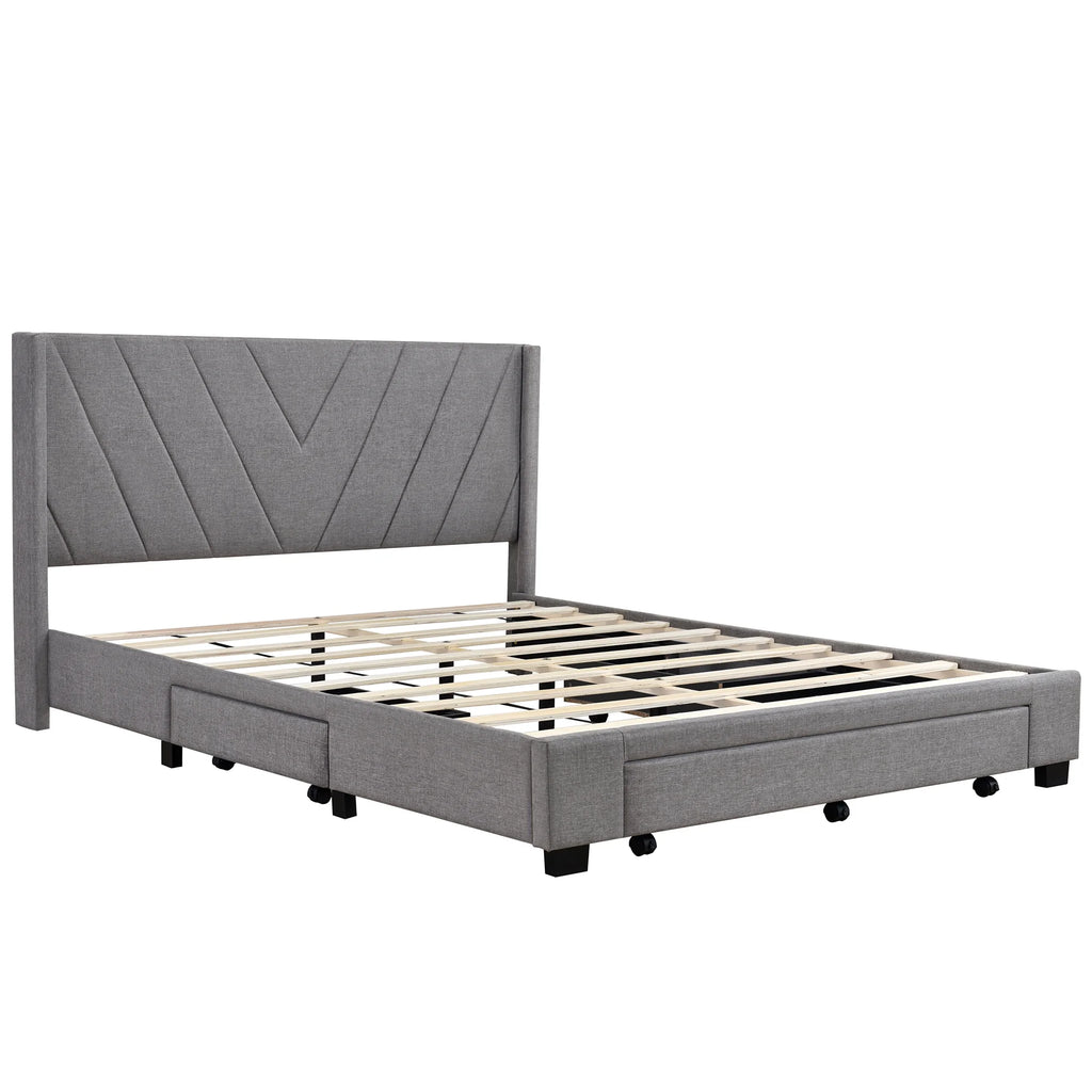 Sesslife Queen Bed Frame with Storage, New Upgraded Linen Upholstered Platform Bed with 3 Drawers, Queen Size Storage Bed with Headboard and Wooden Slats, No Box Spring Needed, Holds 500lbs, Beige