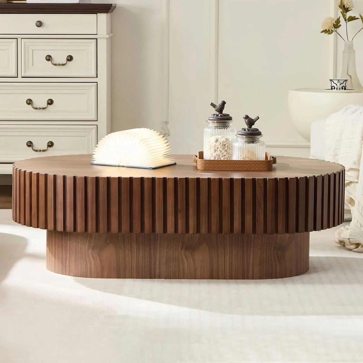 FFH 43.7 inch Oval Coffee Table for Living Room,Handcraft Rustic Corner Coffee Table Nature Wood Relief Sturdy Pedestal for Apartmen,Side Table Centre Table,Nature Wood