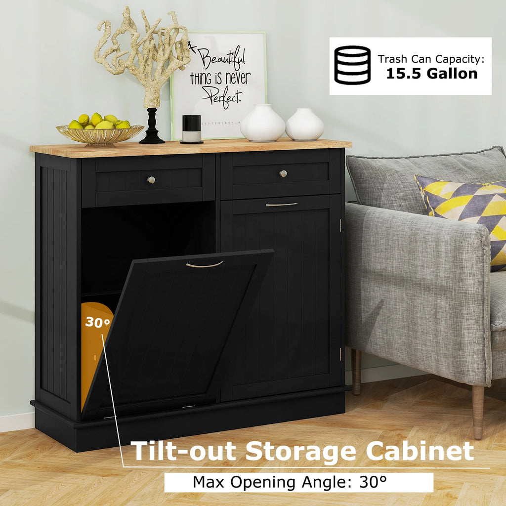 Costway 15.5 Gallon Kitchen Tilt Out Trash Cabinet Rubber Wood Tabletop 2 Drawers Shelf Gray