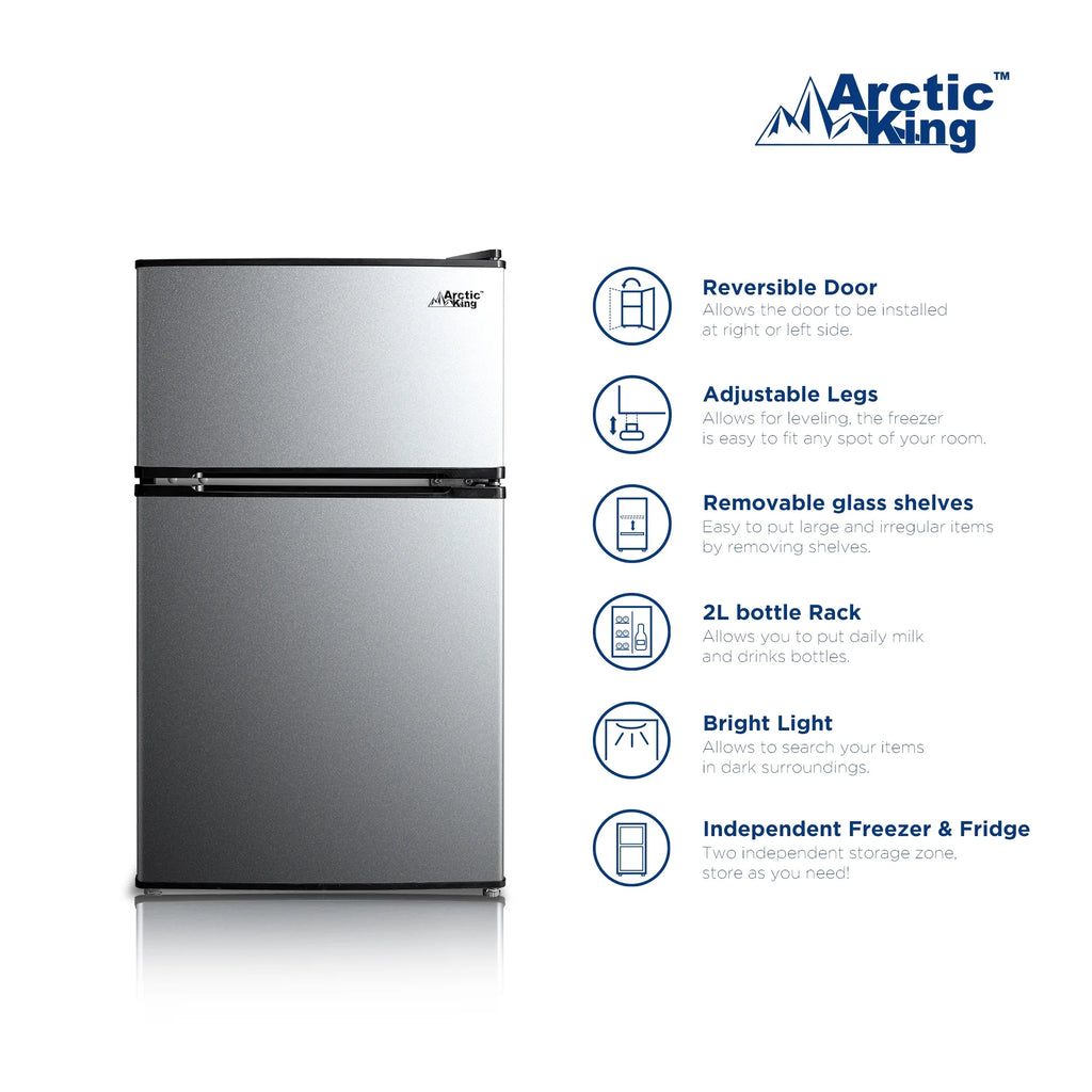 Arctic King 3.2 Cu ft Two Door Mini Fridge with Freezer, Stainless Steel, E-Star