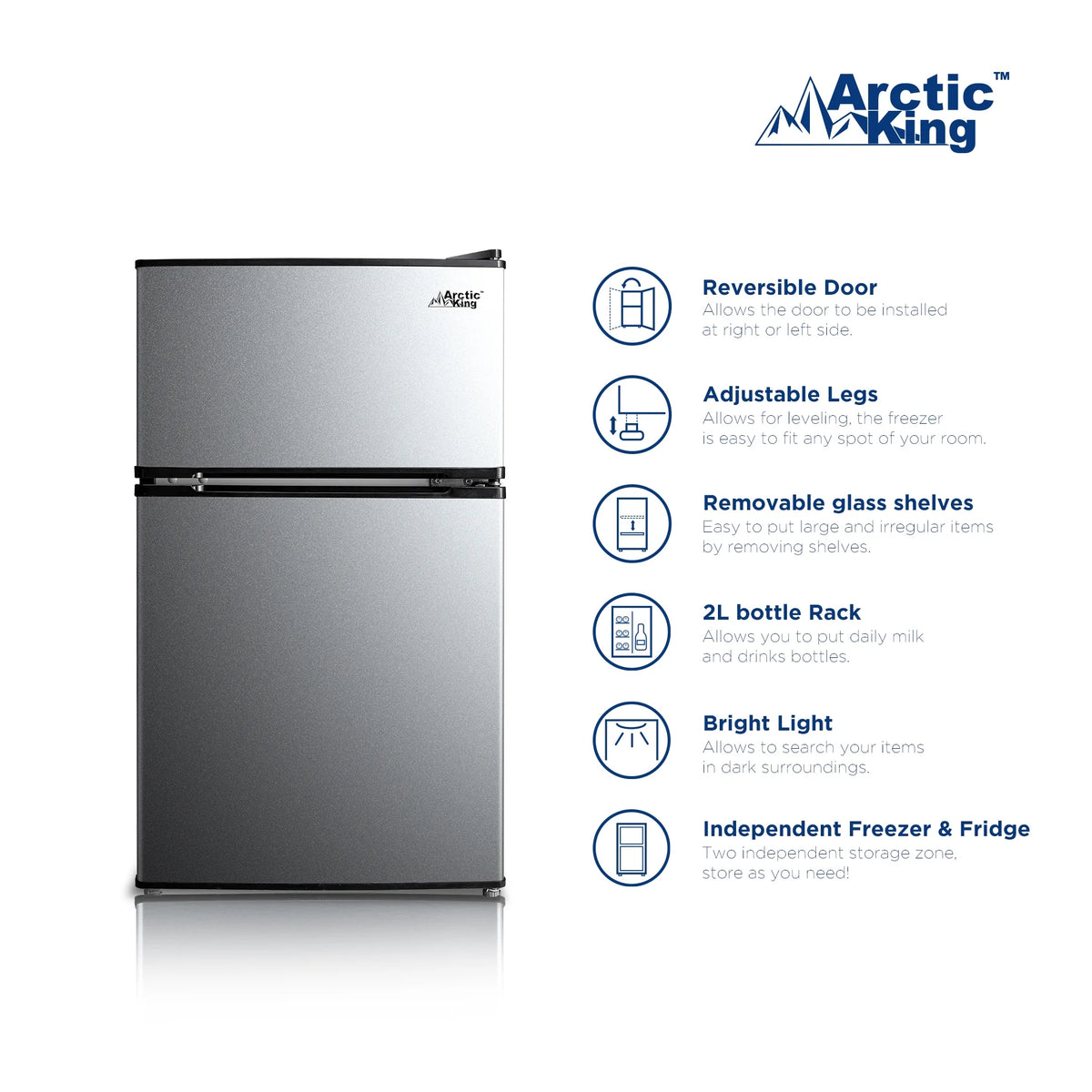 Arctic King 3.2 Cu ft Two Door Mini Fridge with Freezer, Stainless Steel, E-Star