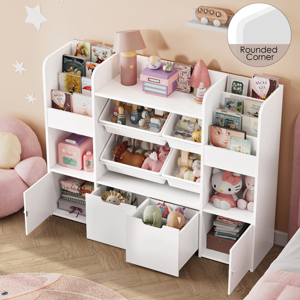 Hiphuta Kids Bookcase Toy Storage Organizer, Wooden Toy Organizer of 4 Bins& 2 Removable Drawers for Home Bedroom, Kids Bookshelf Toy Box with Book Rack, White
