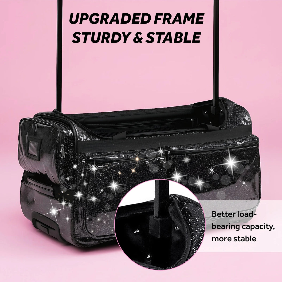 Dance Bag with Garment Rack,23"Glitter Rolling Dance Competition Bag with Organizer Bag, Collapsible Dance Travel Bag Suitcase for Dancers Performer Artist,Pink
