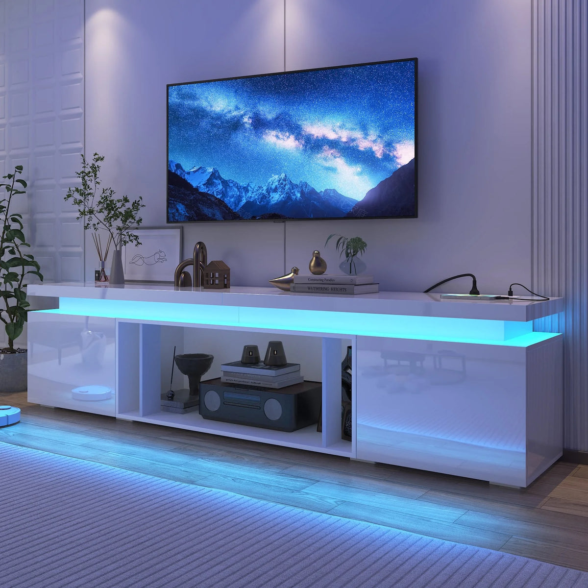 Blotout High Gloss LED TV Stand for up to 80" TVs /40" Electric Fireplace, 71" Large Entertainment Center Console Table with Power Charging Station