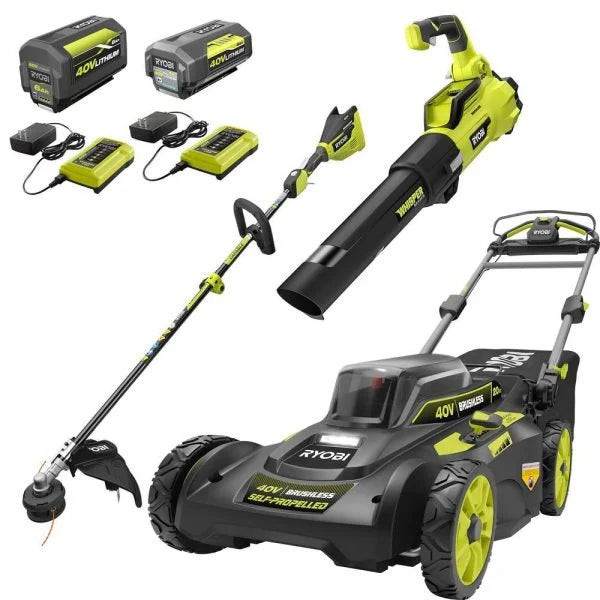RYOBI 40V Brushless 20 in. Walk Behind Self-Propelled Mower/String Trimmer/Leaf Blower with (2) Batteries and (2) Chargers