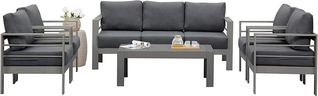 Superjoe Patio Furniture Aluminum Sofa All-Weather Outdoor 3 Seats Couch Gray Metal Chair with Dark Grey Cushions