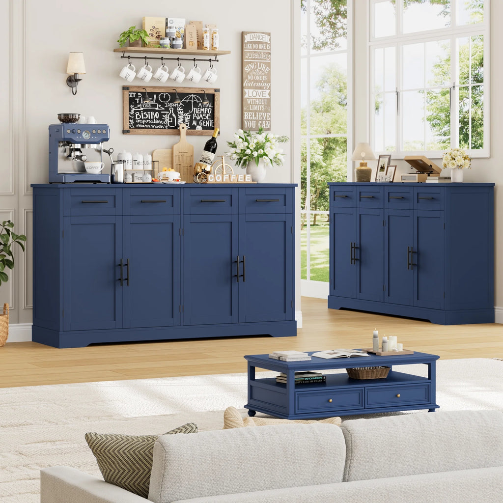 Homfa Farmhouse Buffet Cabinet with 4 Drawers and 4 Doors, 59" W Sideboard Buffet Storage Cabinet with Shelves, for Kitchen Living Room Bedroom, Wash Gray
