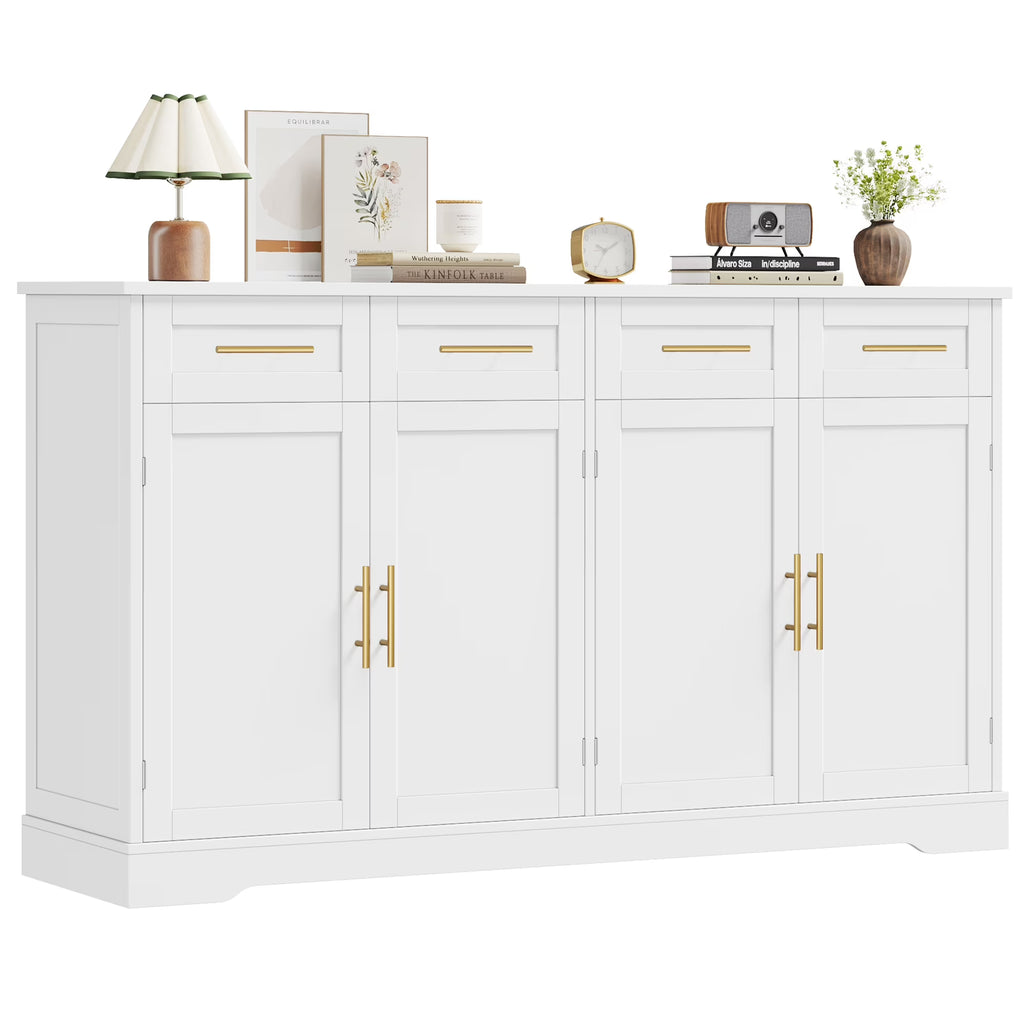 Homfa Farmhouse Buffet Cabinet with 4 Drawers and 4 Doors, 59" W Sideboard Buffet Storage Cabinet with Shelves, for Kitchen Living Room Bedroom, Wash Gray