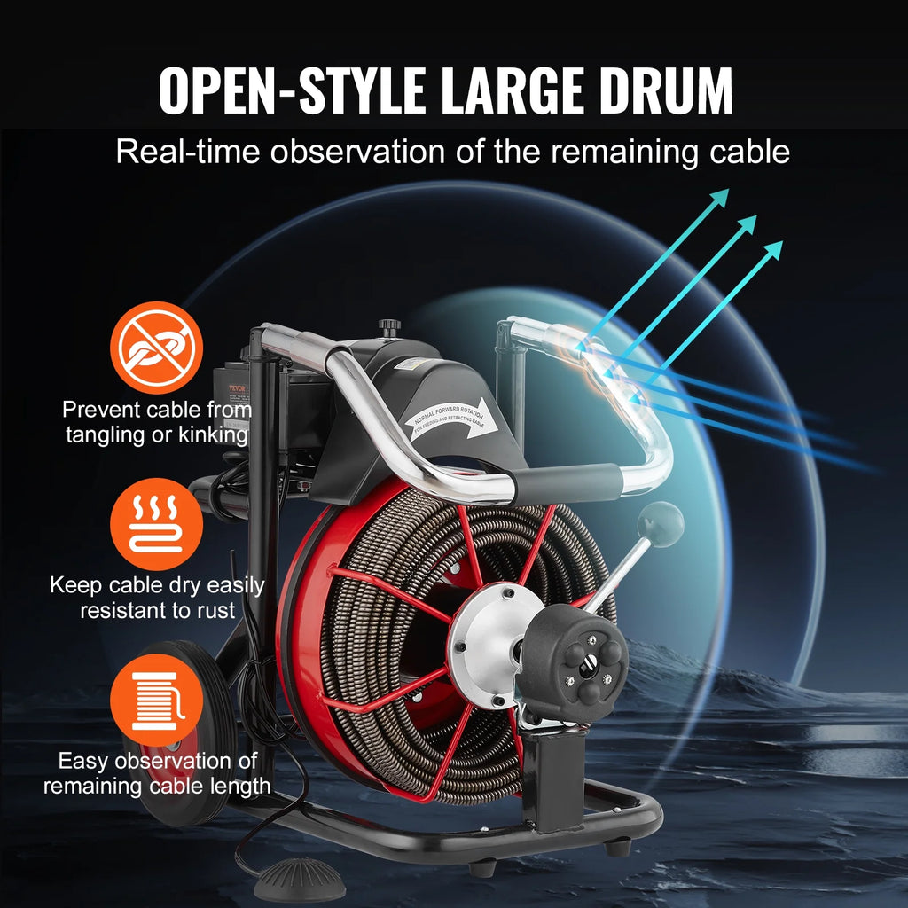VEVOR Drain Cleaner Machine 100FT x 1/2 Inch, Auto Feed Sewer Snake Auger on Wheels, 550W Portable Drain Cleaning Machine with 8 Cutters & Air-activated Foot Switch for 2" to 4" Pipes