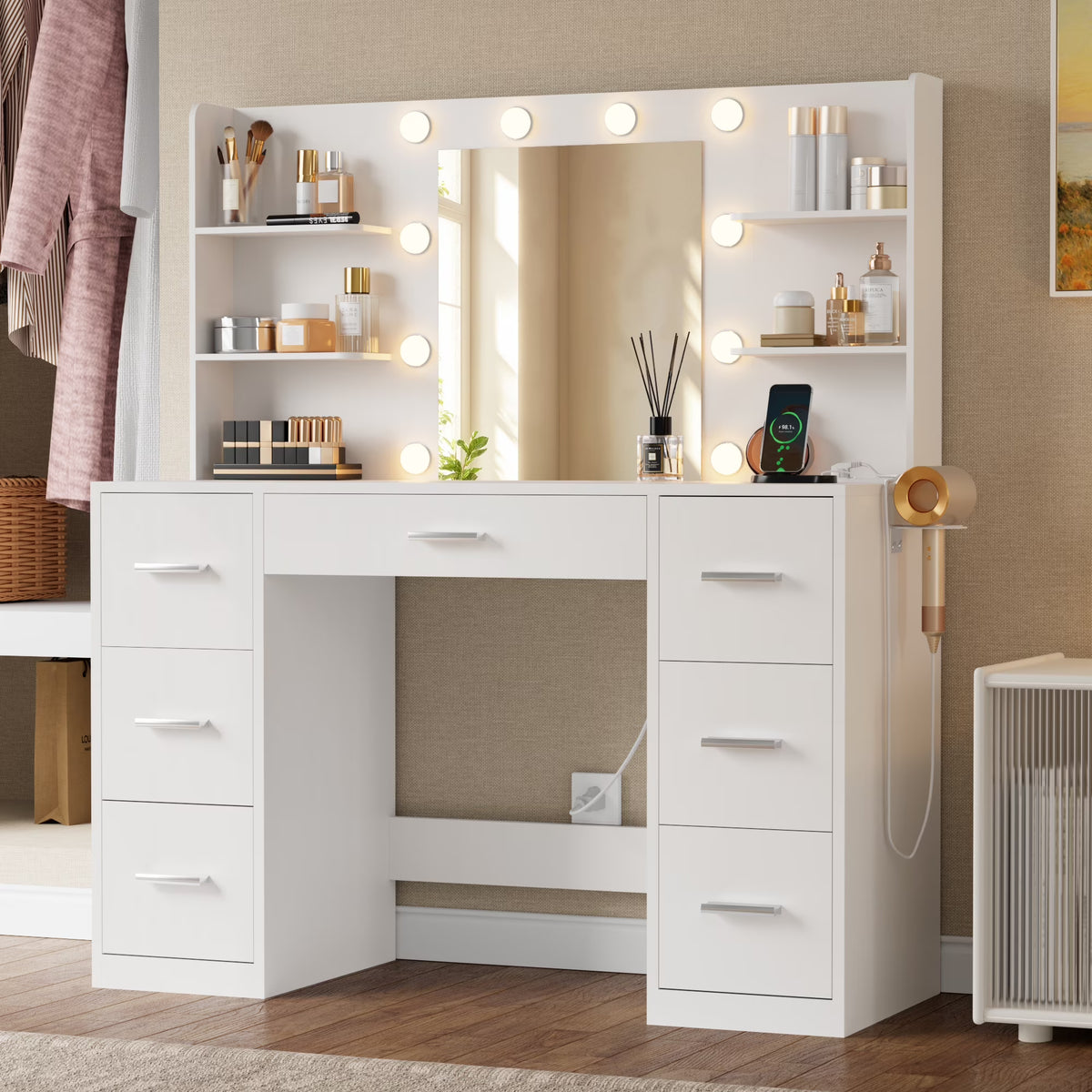 Lacoo Vanity Desk with Mirror and LED Lights, Makeup Vanity with 7 Drawers & 4 Shelves, Vanity Table with Power Outlet for Bedroom Dressing Room, White