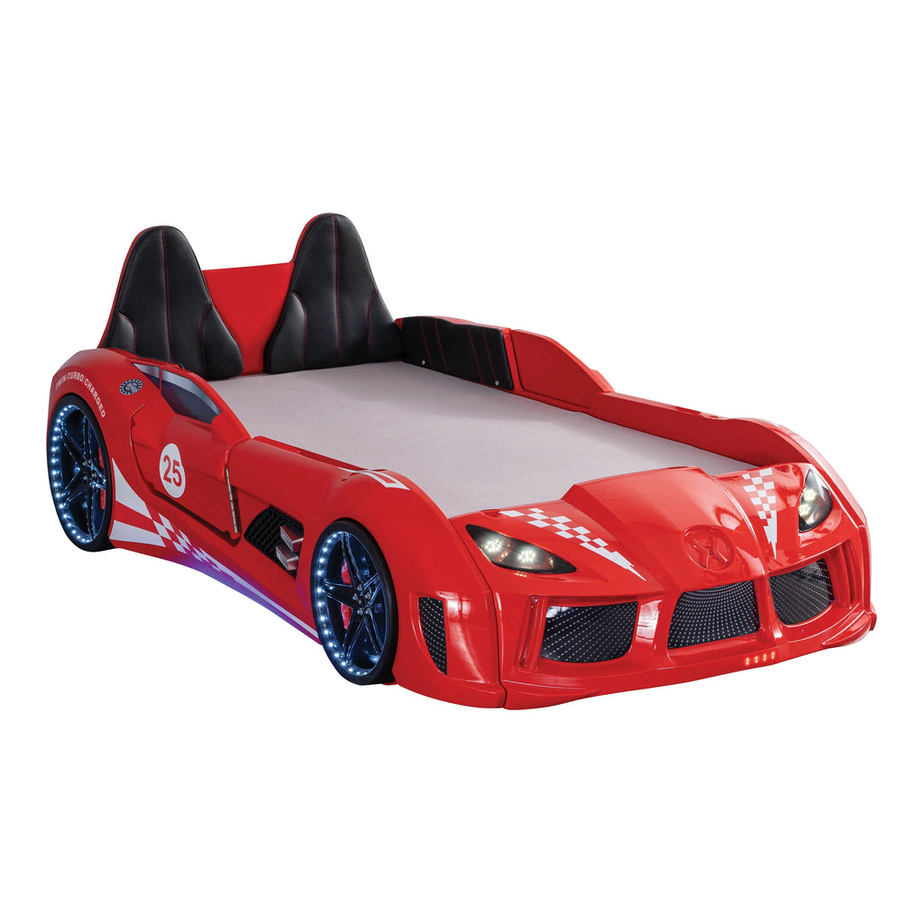 Furniture of America Dash Kids Plastic Twin Race Car Bed with LED and Sound, White