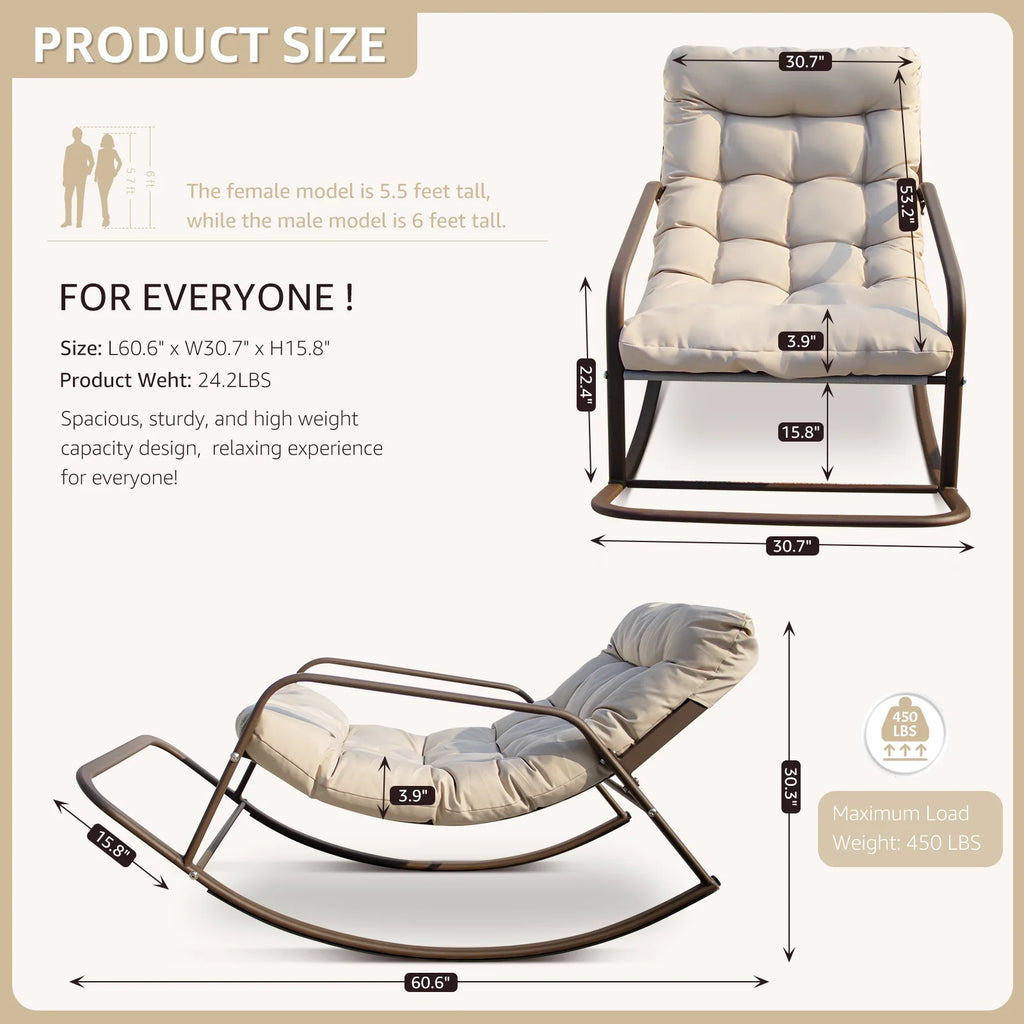 RADIATA Oversized Rocking Chair with Footrest, RADIATA Patio Papasan Rocking Recliner for Indoor Outdoor Use, Heavy Duty Wicker Lounge Chair, 450lbs, Beige