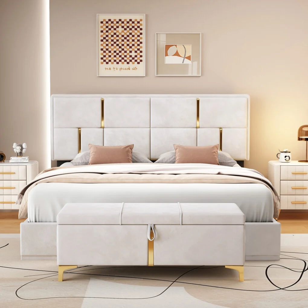 2-Pieces Bedroom Sets, Queen Size Upholstered Platform Bed with Hydraulic Storage System,Storage Ottoman with Metal Legs, 2 Piece Wood Bedroom Furniture Set, Beige