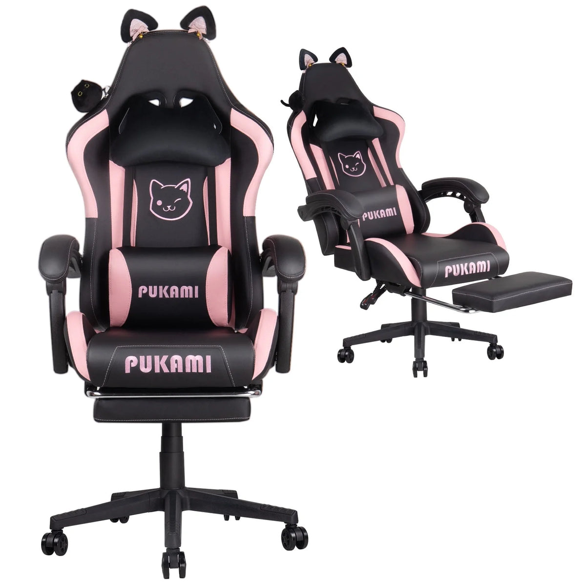 Waleaf Pink Gaming Chair with Cat Paw Lumbar Cushion and Cat Ears for Girls, Reclining Office Computer Chair with Footrest for Adults, Teens