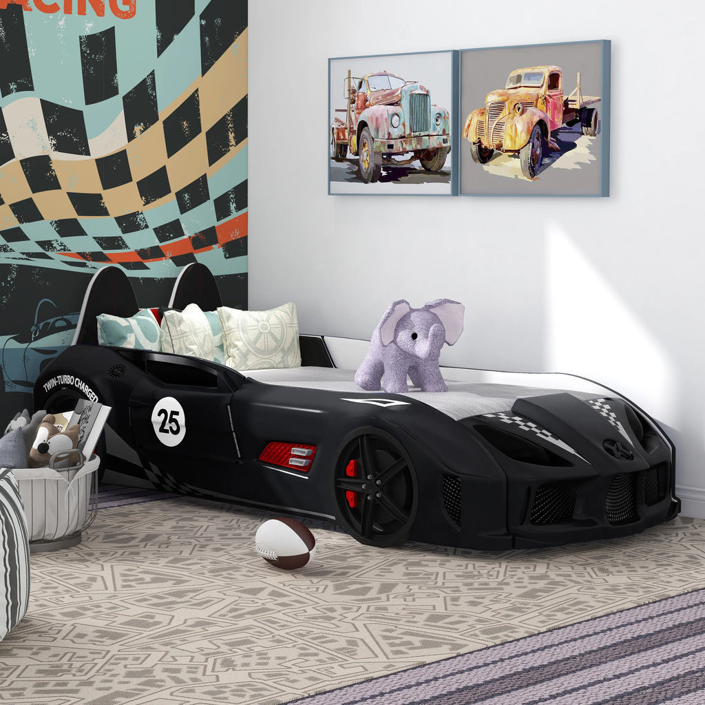 Furniture of America Dash Kids Plastic Twin Race Car Bed with LED and Sound, White