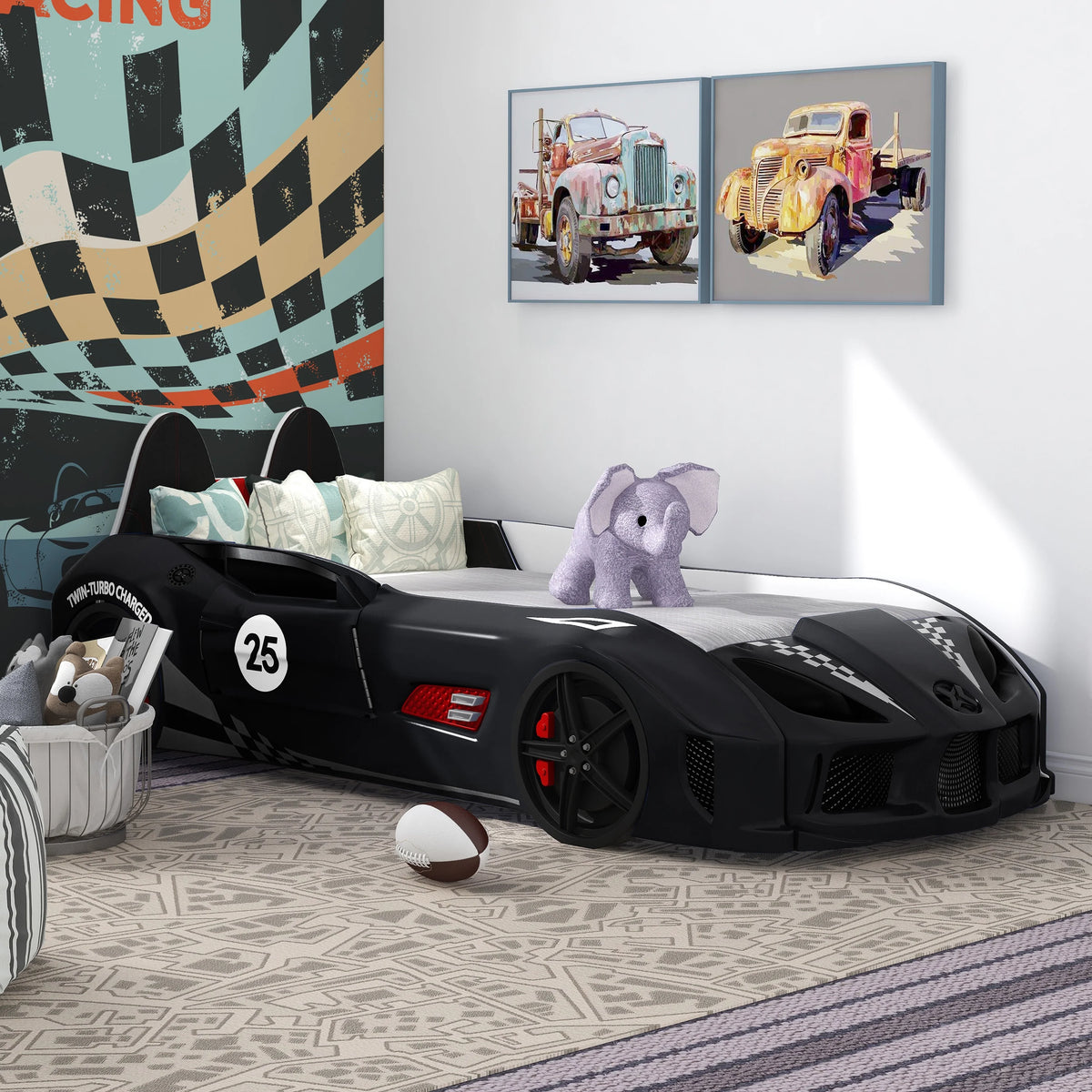 Furniture of America Dash Kids Plastic Twin Race Car Bed with LED and Sound, White