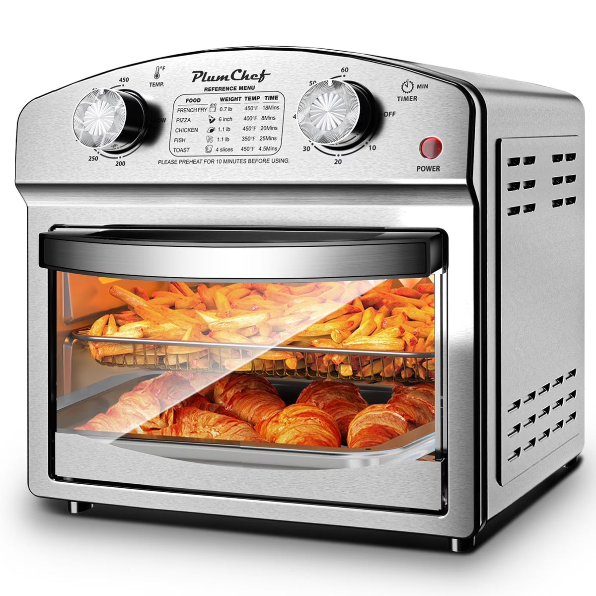 Plum Chef 13 Quart Air Fryer, Large Air Fryer Oven Toaster Combo w/ 60 Minute Timer , Convection Oven Countertop, Accessories, UL Certified, Nonstick, Accessories Included, 1500W, Sliver