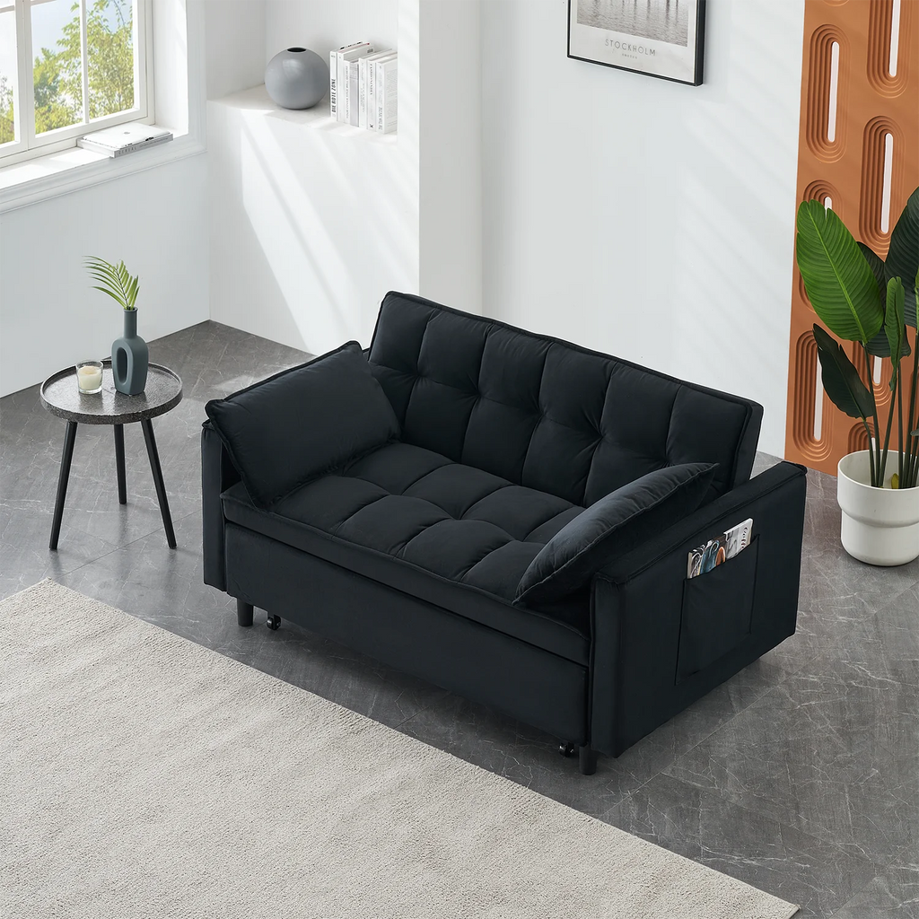Adjustable Back Velvet Futon Sofa Bed, Modern Convertible Couples Sleeper with Side Pockets, Fold Down Couch for Living Room, Apartment,Blue