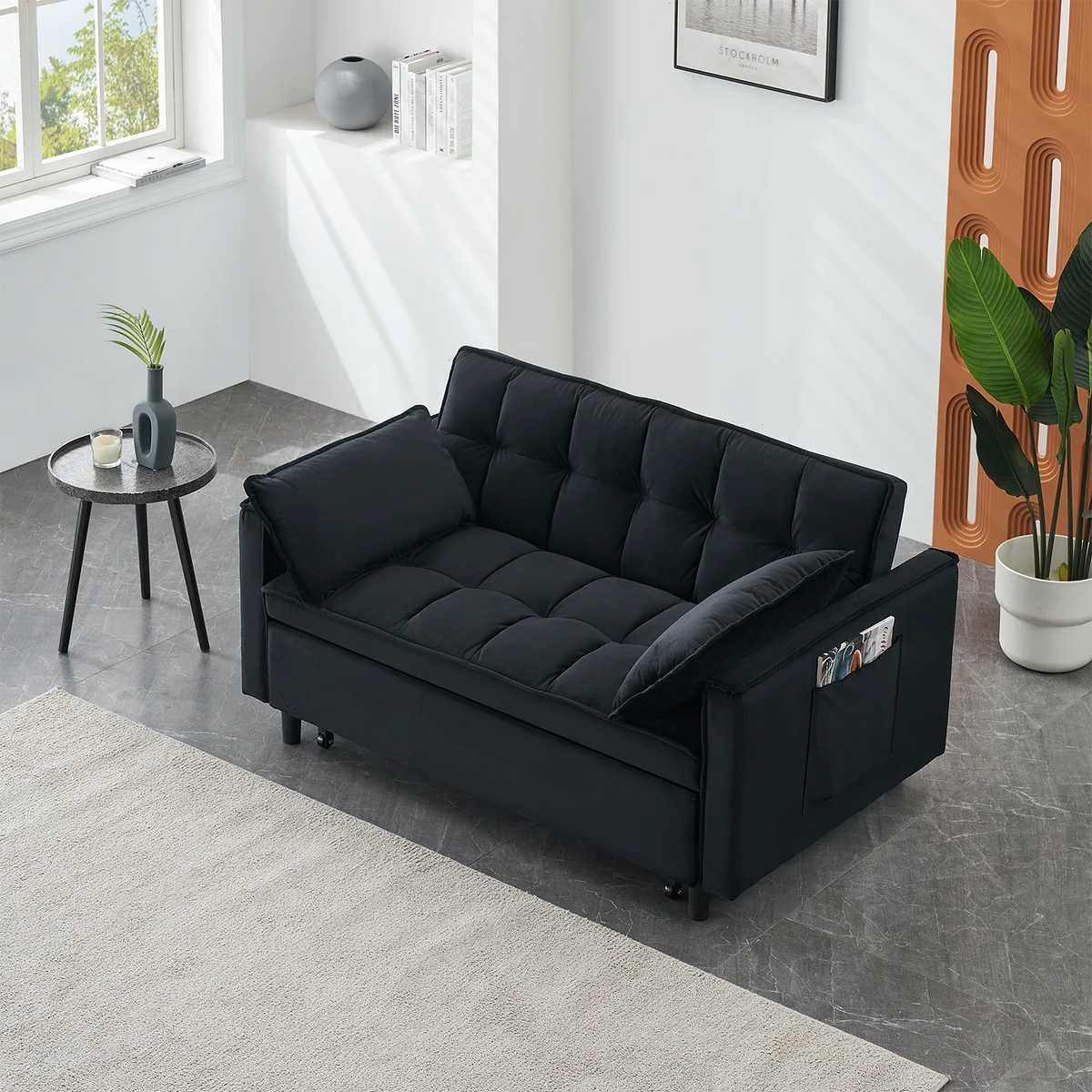 Adjustable Back Velvet Futon Sofa Bed, Modern Convertible Couples Sleeper with Side Pockets, Fold Down Couch for Living Room, Apartment,Blue