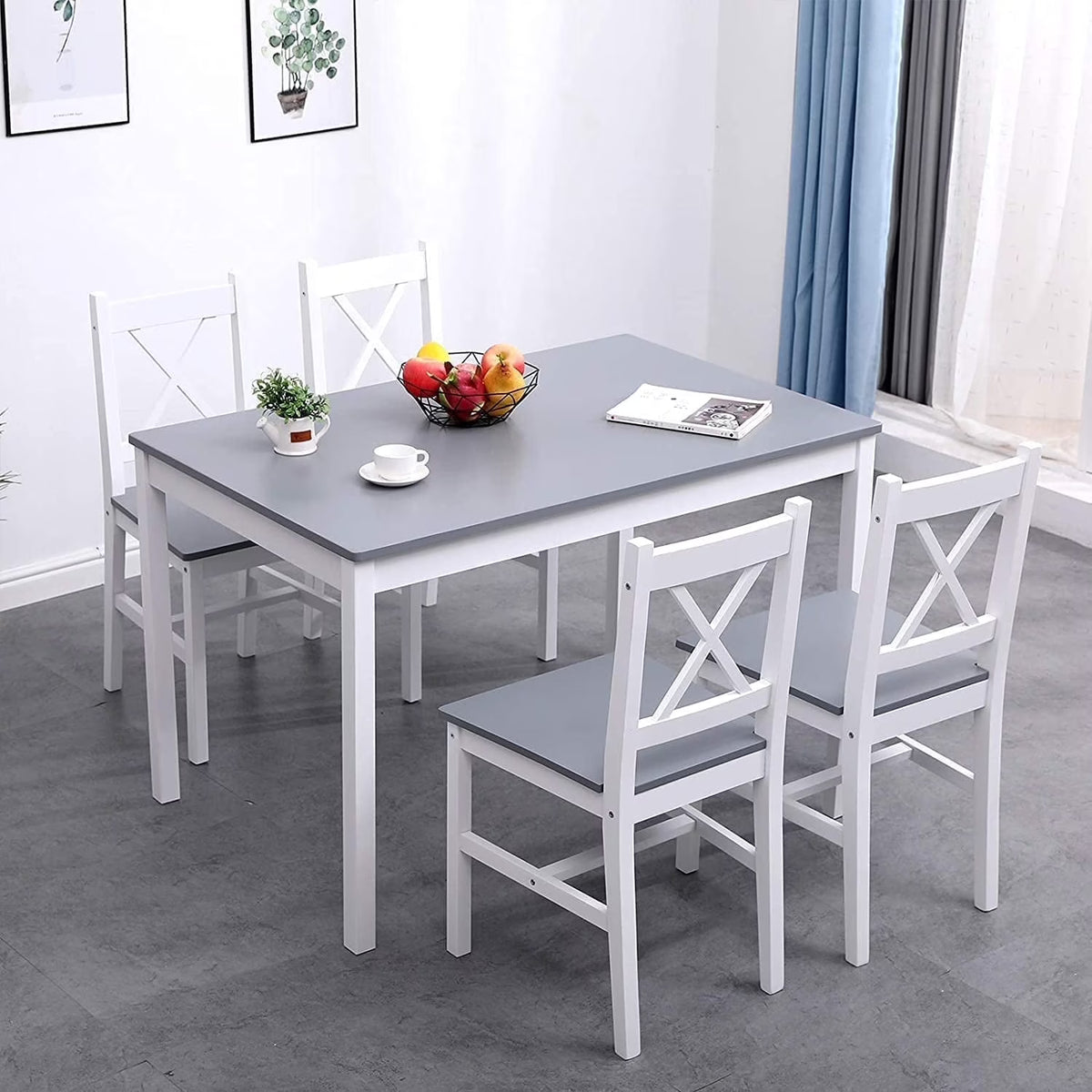 Soges 5 Pieces Dining Table Set, Pine Wood Kitchen Dining Table with 4 Chairs, Wood Rectangular kitchen table and chairs for 4, Small Dining Set for Bar Dining Room Breakfast Nook, White and Gray