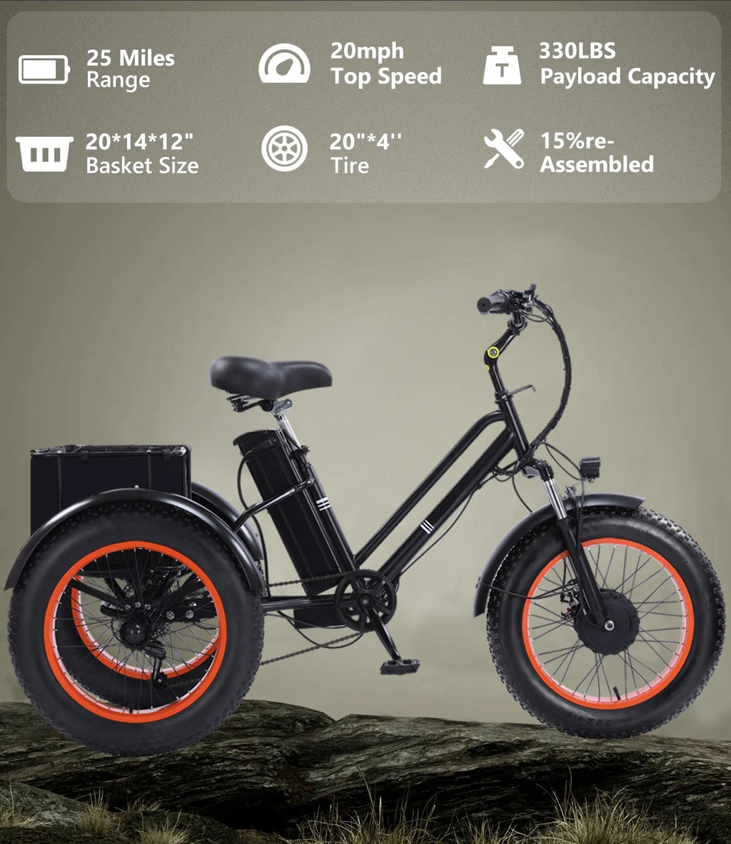 YEBEI Electric Tricycle for Adults Folding E-Trike Motorized Tricycle Electric 3 Wheels Trike Powerful 500W Motor Electric Tricycle 48V15AH Lithium Battery Max 20MPH 20*4.0�� Fat Tire Orange