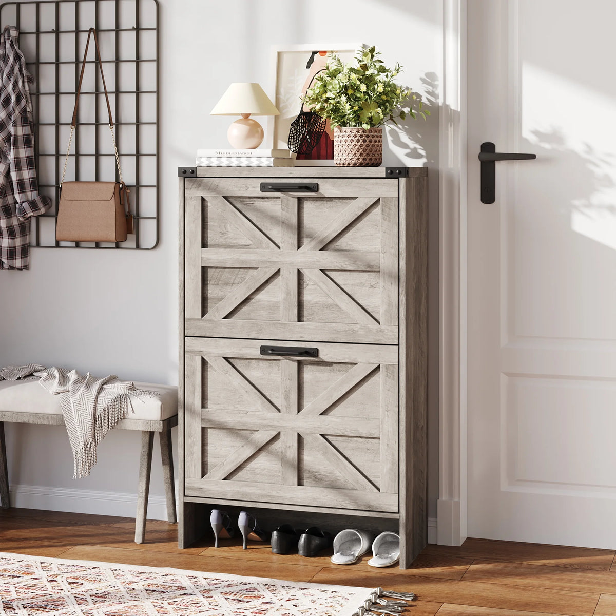 VEANERWOOD Shoes Storage Cabinet With Doors, Farmhouse Shoe Cabinet With 2 Flip Drawers For Entryway,Gray
