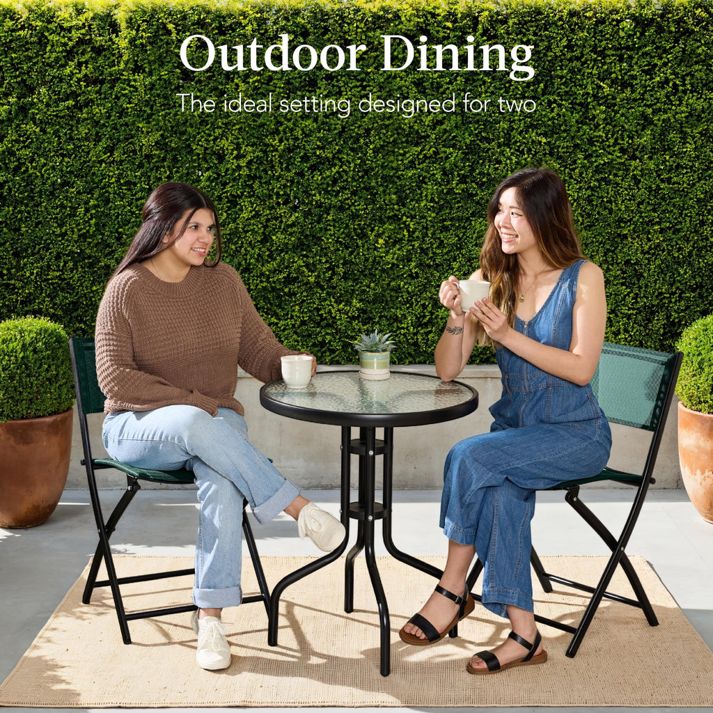 Best Choice Products 3-Piece Patio Bistro Dining Furniture Set w/ Glass Tabletop, Folding Chairs - Gray