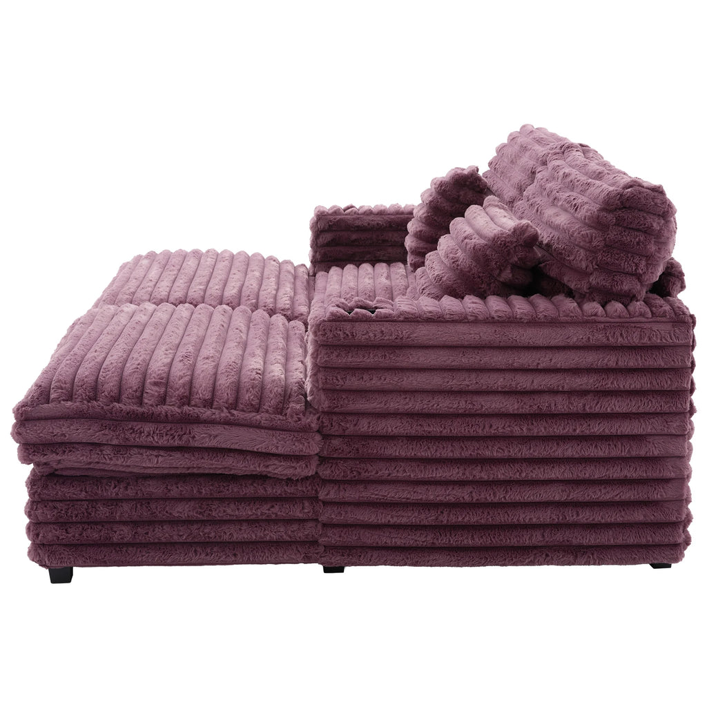 Oversized Double Chaise Lounge, Faux Fur Upholstered Deep Seat Sofa with 2 Pillows, 2 Cupholders, and Dual USB Ports