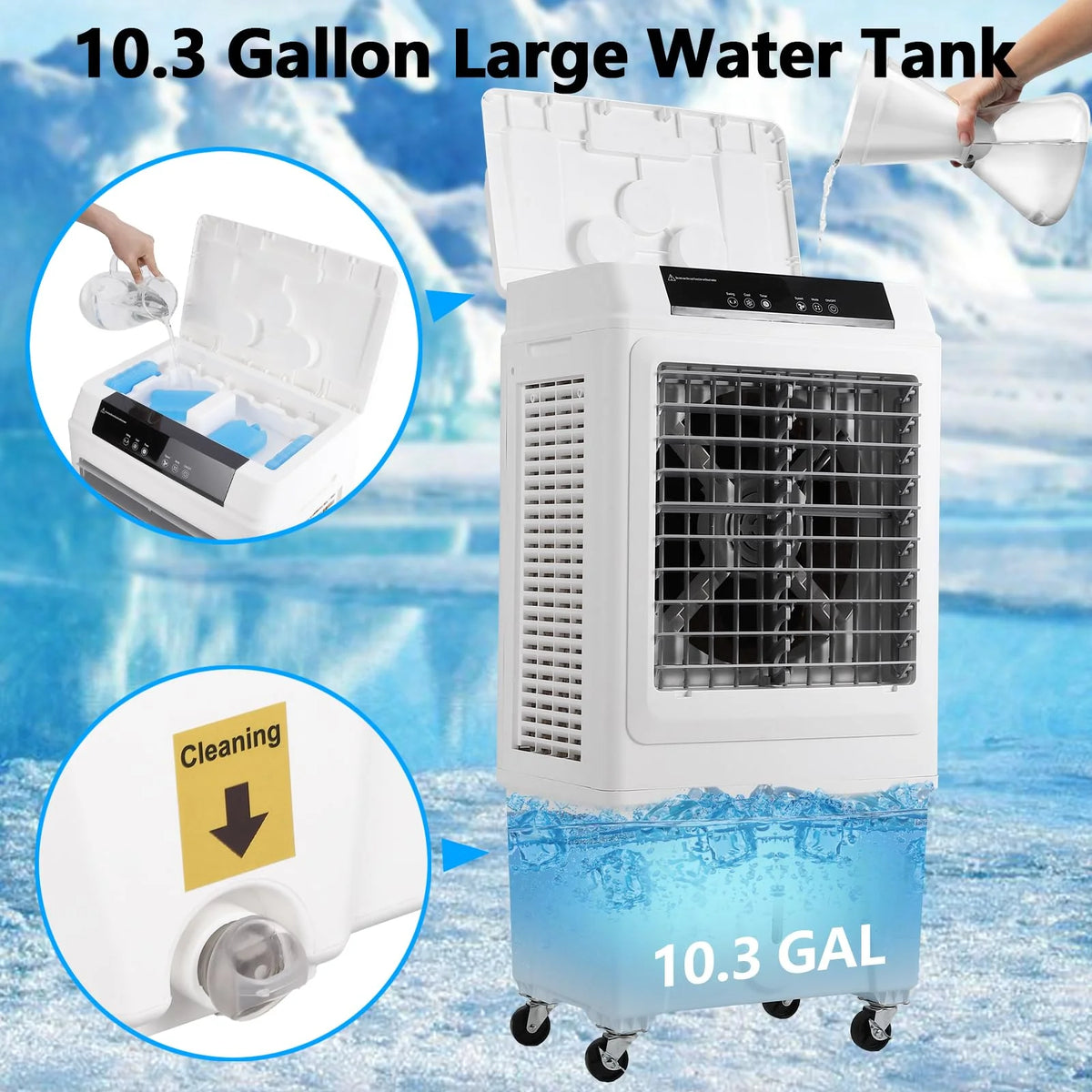 10.3 Gallon Evaporative Air Cooler,  3000CFM Swamp Cooler with Remote Control and 12H Timer, 4 Ice Packs, 3 Modes & Wind Speeds for Outdoor