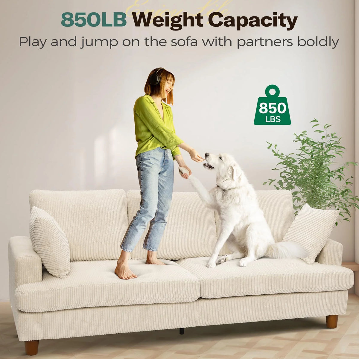 87" Corduroy Sofa,3 Seater Sofa with Extra Deep Seats,Neche Comfy Upholstered Couch for Living Room,2 Pillows,Green