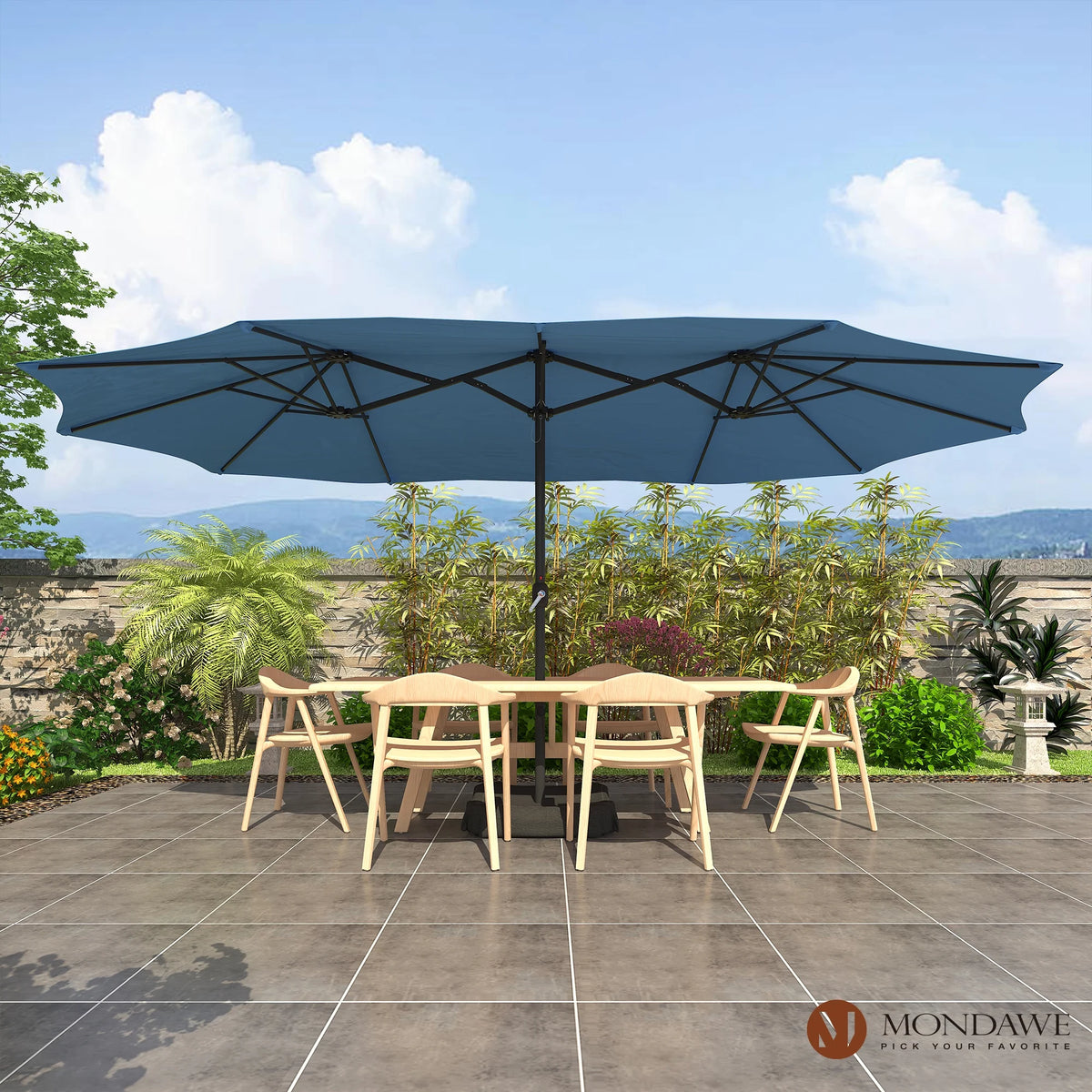 Mondawe 15ft Patio Umbrella Rectangular Outdoor Market Umbrella with Base and LED Lights Beige