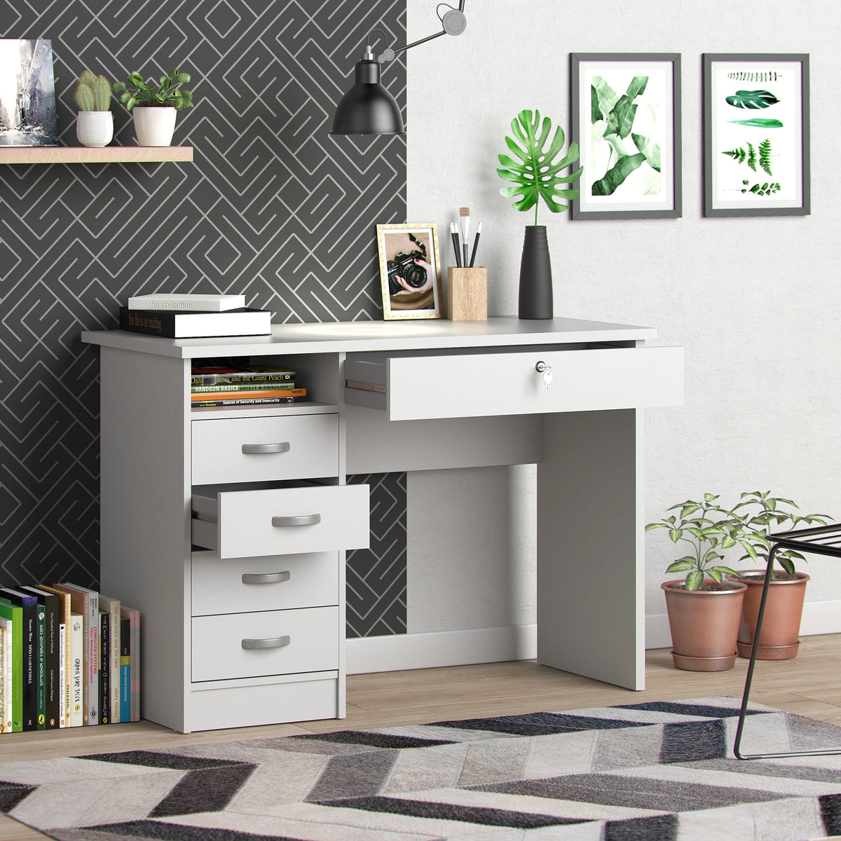 Tvilum Walden 5 Drawer Office Desk with 1 Locking Drawer for Adults, White