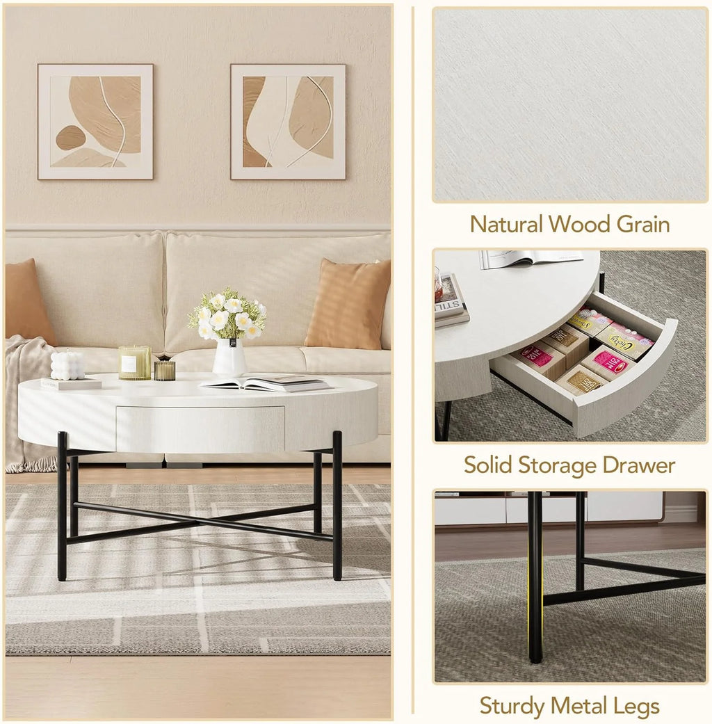 Round Coffee Table with Drawers Circle Living Room Table Wood Accent Coffee Table with Storage White Center Table (Natural)