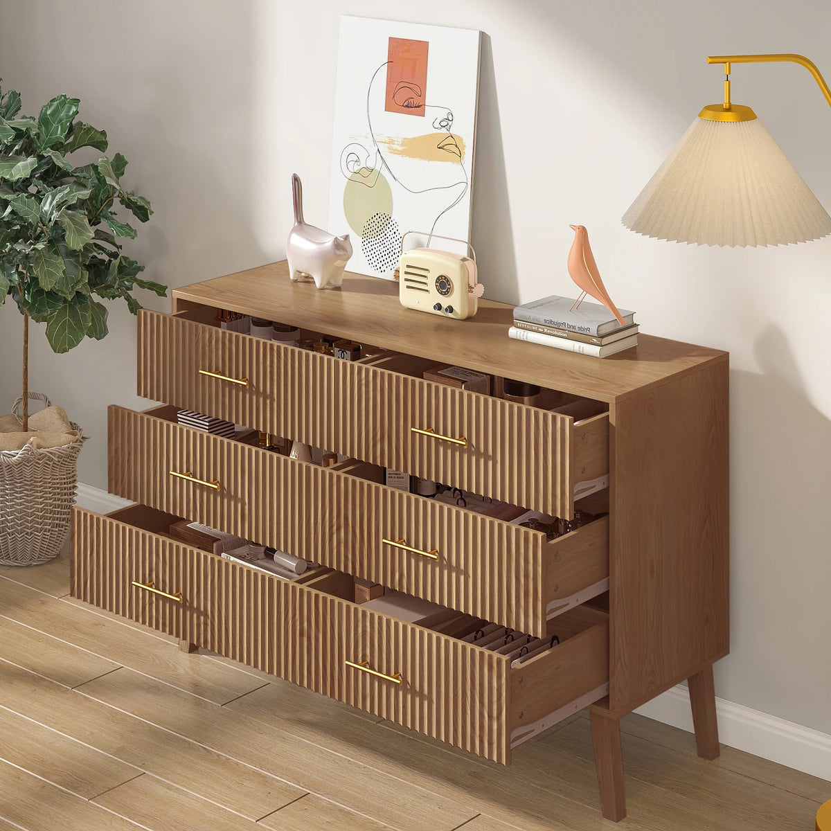 Fluted 6 Drawers Dresser, Wide Modern Chest of Drawers, 6 Drawer Double Dresser