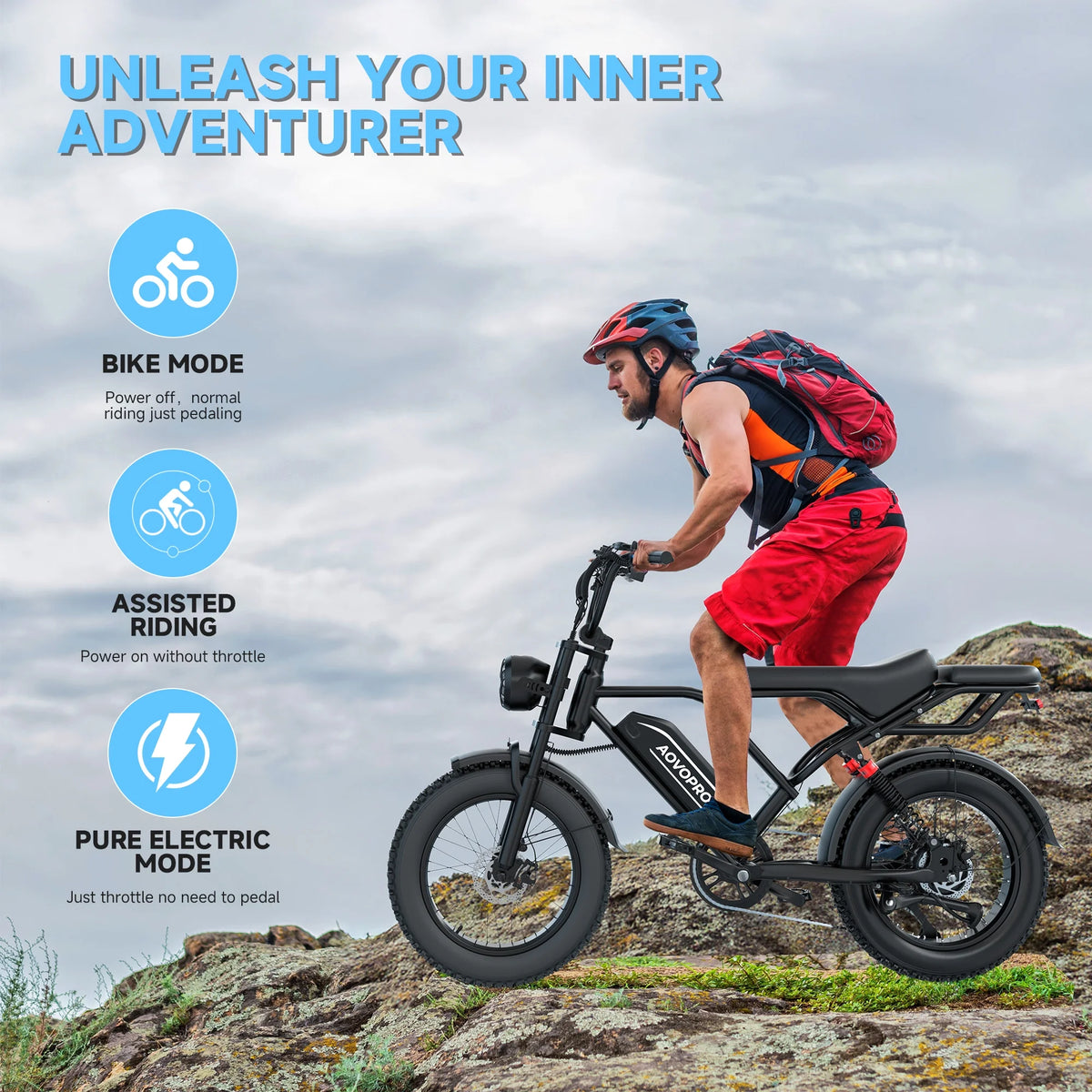 AOVOPRO AP20 Electric Bike for Adults 20 X 4.0 Fat Tire, 750W Off-Road E Bike, E-Mountain Bike 48V 15.6AH UL2849