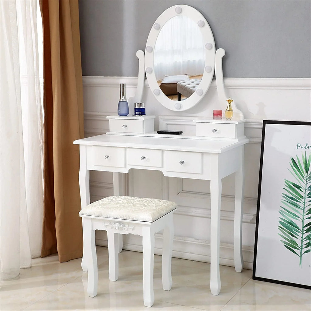 Ktaxon Vanity Table 10 LED Lights, 5 Drawers Makeup Dressing Desk with Cushioned Stool Set,Bedroom Vanities Set White