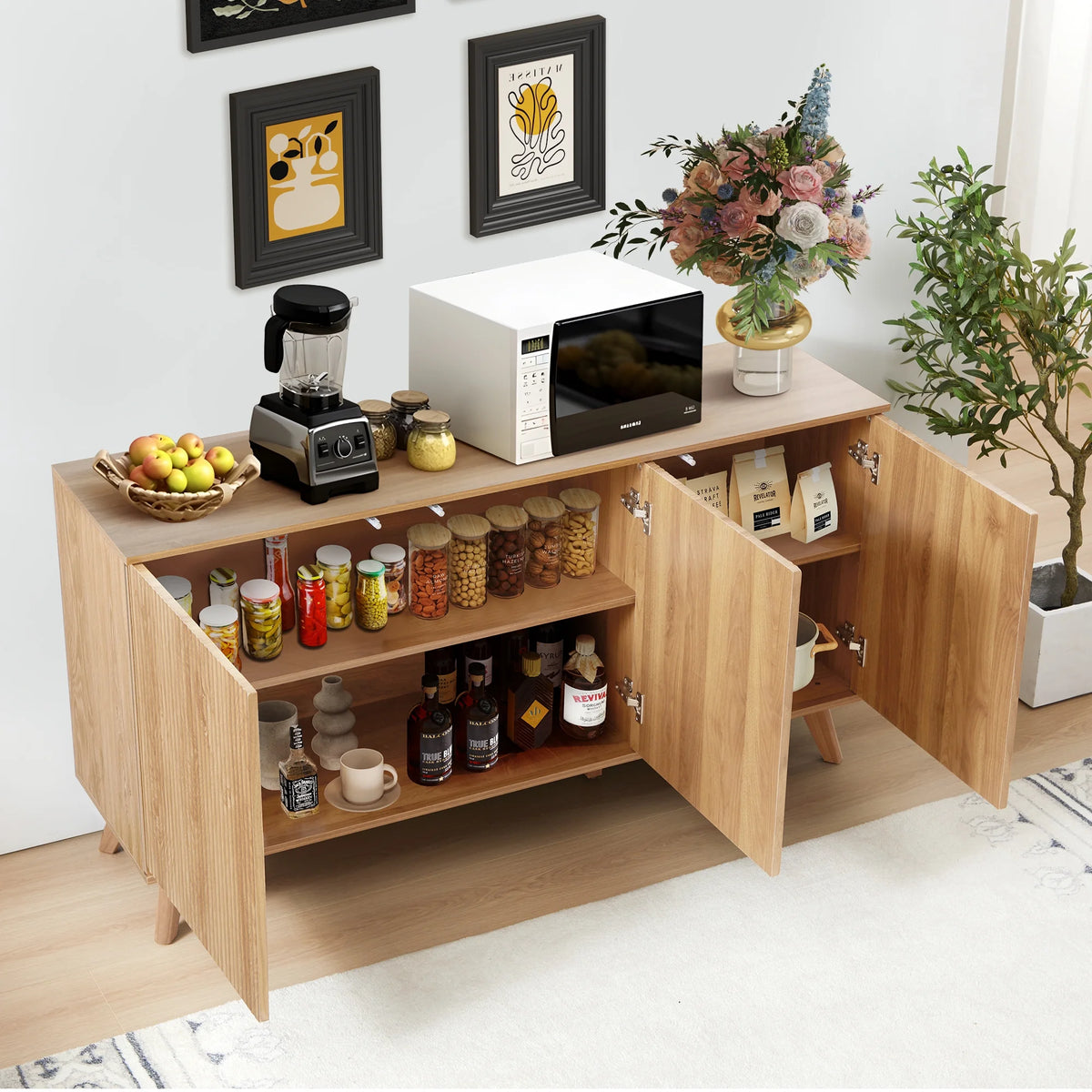 Wirrytor Sideboard Storage Cabinet with Doors and Shelves, Buffet Cabinet with Storage, Credenza Storage Cabinet for Kitchen, Wooden Fluted Cabinet, Under TV Cabinet with Storage - Black