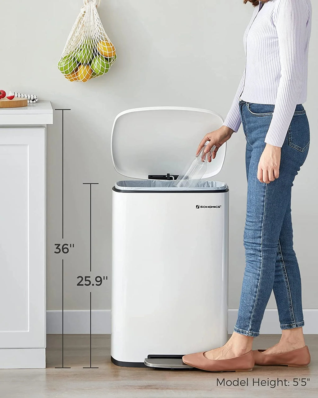 13 Gallon Stainless Steel Kitchen Trash Can, Garbage Can, Soft Close, White