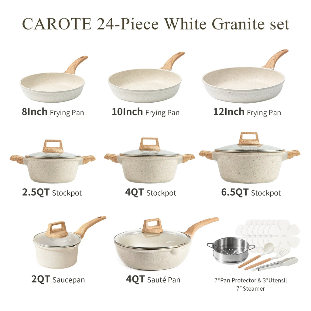 Carote Nonstick Cookware Sets, 24 Pcs Granite Non Stick Pots and Pans Set, Induction Cookware, White