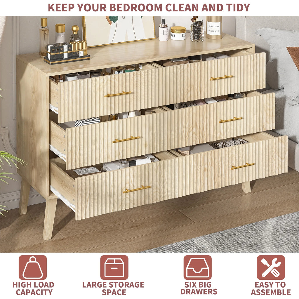 Fluted 6 Drawers Dresser, Wide Modern Chest of Drawers, 6 Drawer Double Dresser