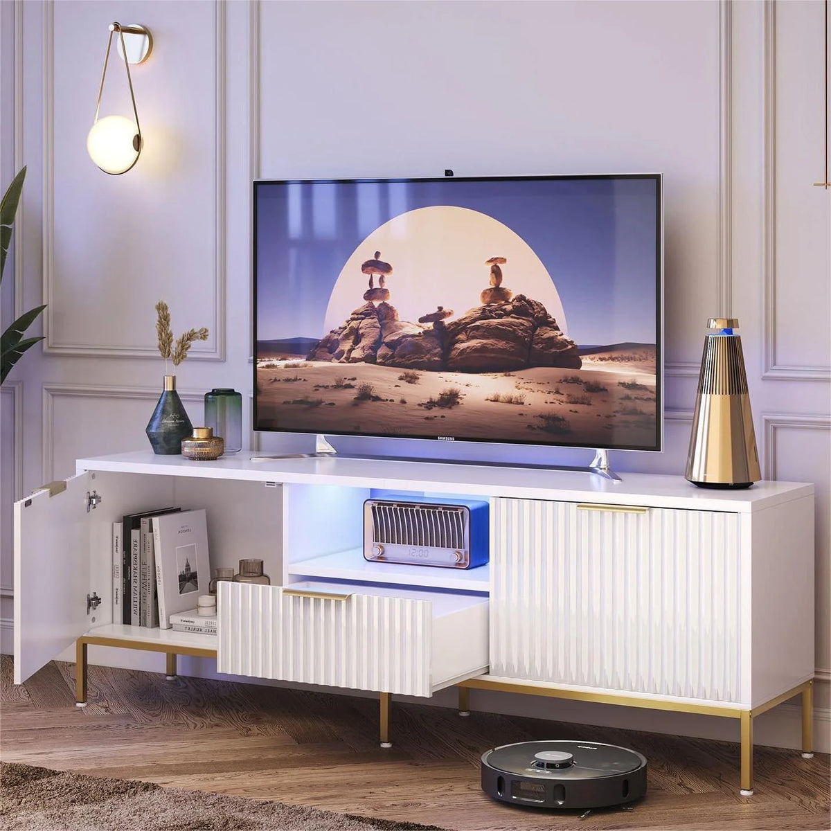 Bestier 55" LED TV Stand for TVs up to 60" Modern High Gloss Entertainment Center with Drawers Cabinets Fluted TV Console, White & Gold