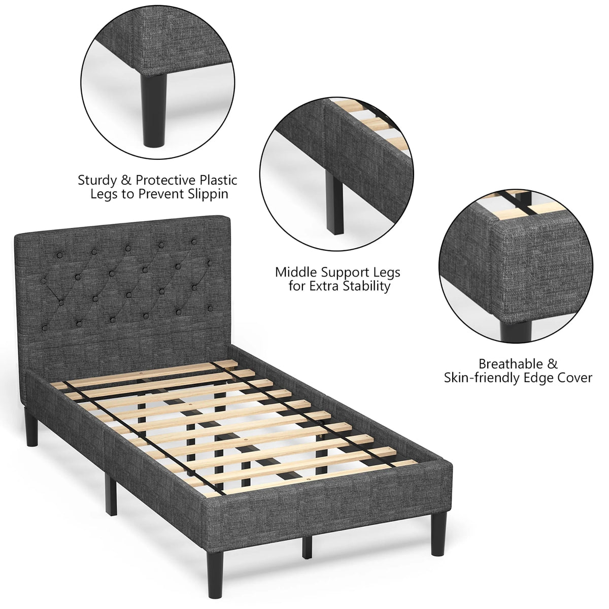 Costway Twin Upholstered Bed Frame Diamond Stitched Headboard Wood Slat Support