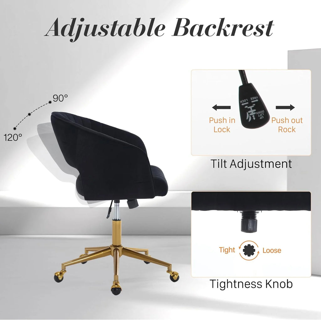 Home Office Swivel Desk Chair, Modern Velvet Vanity Chair, Height Adjustable Armchair with Gold Base, Ergonomic Office Chair for Task Study Computer Room, Beige