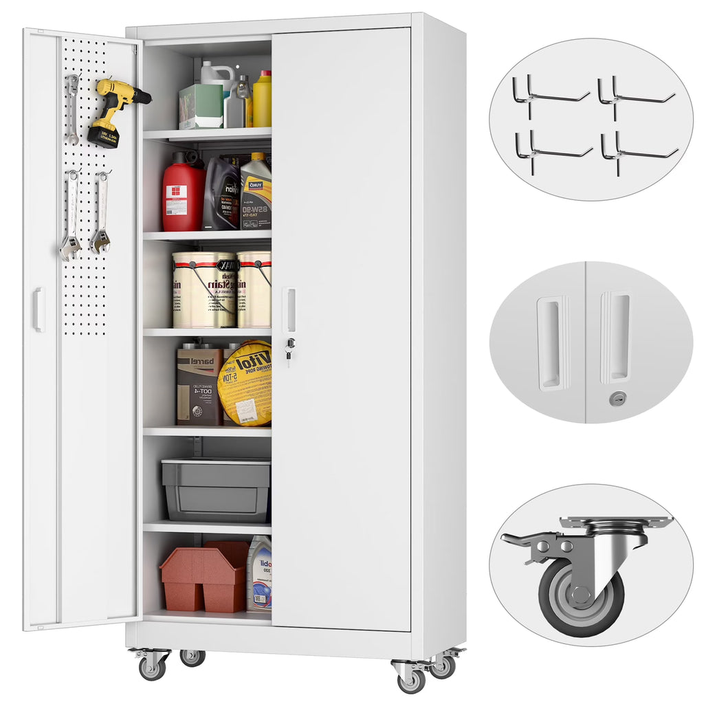 SUPEER Metal Rolling Storage Cabinets with Locking Doors and 5 Adjustable Shelves, Steel Garage Storage Cabinet for Garage, Office, Classroom, Assemble Required(Black)