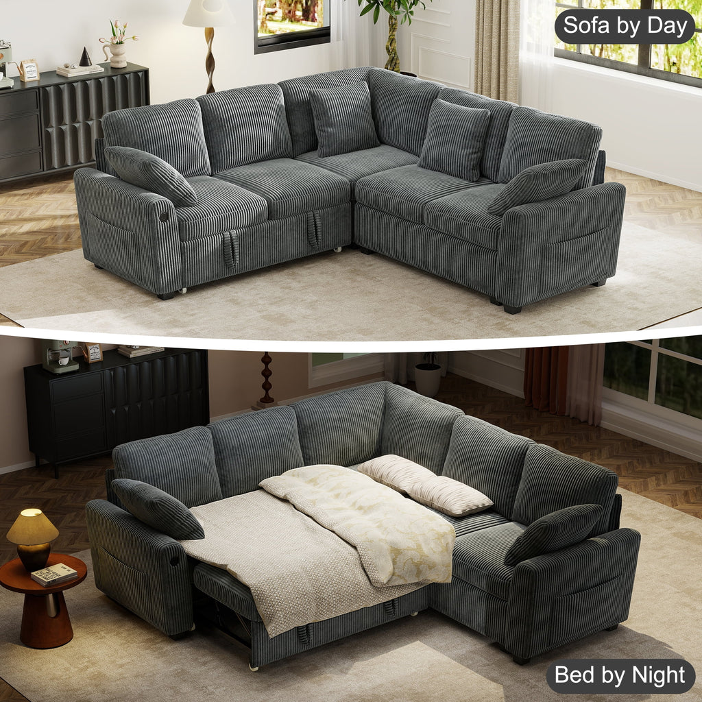 BedLuxury 83" Sectional Sleeper Sofa with Pull Out Bed, L Shaped Couch with Storage Seat for Living Room, Gray