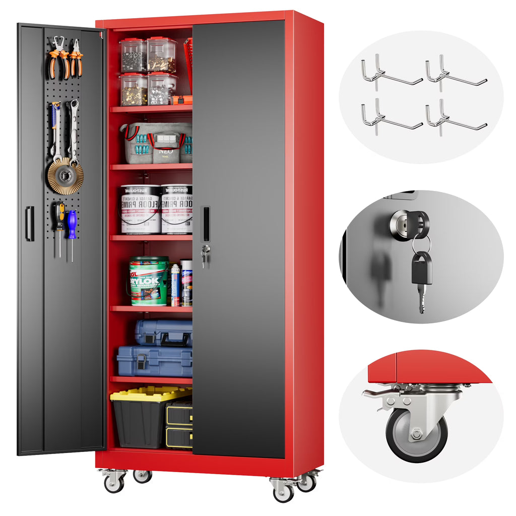 SUPEER Metal Rolling Storage Cabinets with Locking Doors and 5 Adjustable Shelves, Steel Garage Storage Cabinet for Garage, Office, Classroom, Assemble Required(Black)