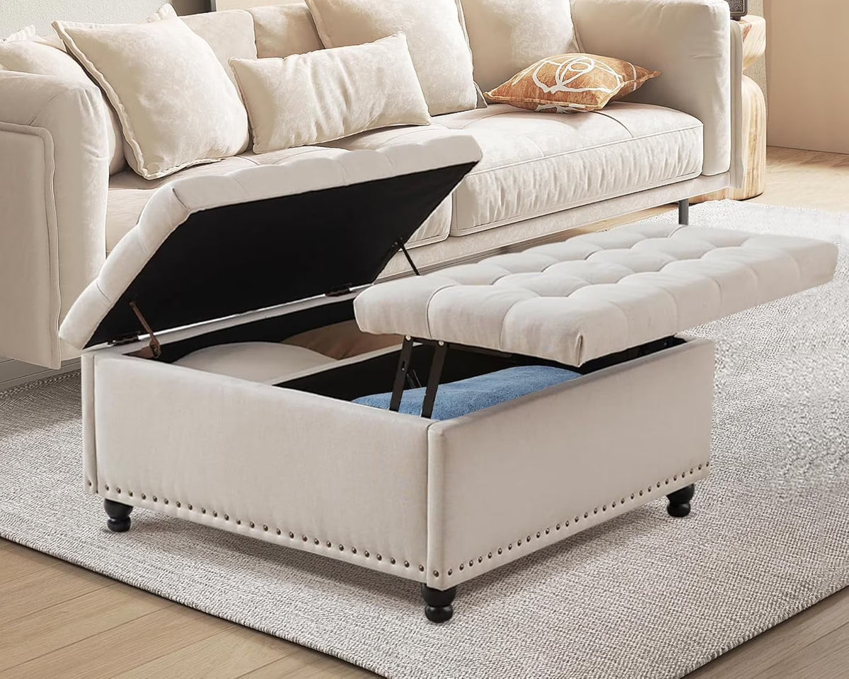 Magic Union 35" Large Square Storage Ottoman, Oversized Square Ottoman with Storage, Tufted Upholstered Ottoman Coffee Table with Lift Top for Living Room (Beige)