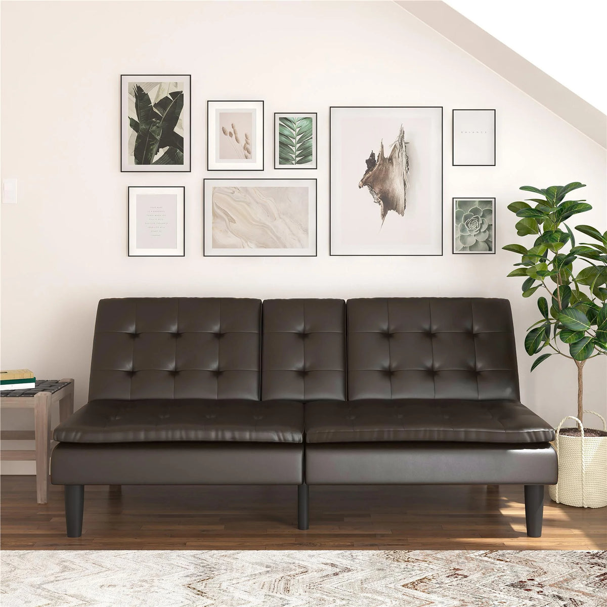 Mainstays Memory Foam 71.5" Futon with Cupholder and USB, Black Faux Leather